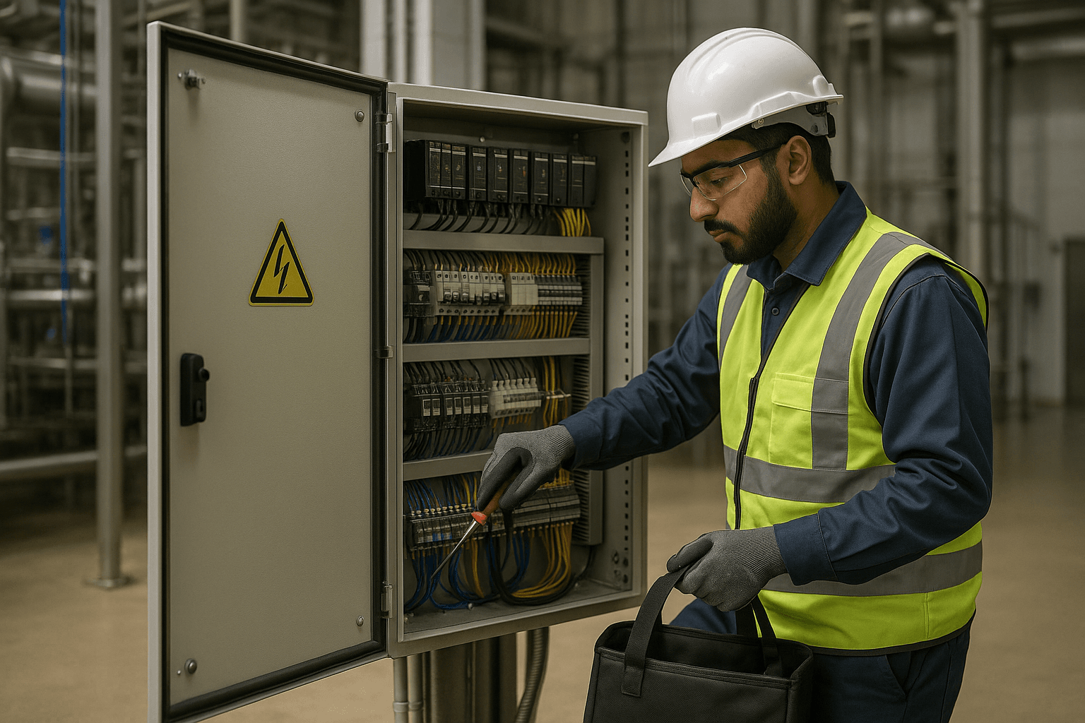 Process line view with automation panels operating machinery in a Saudi beverage factory