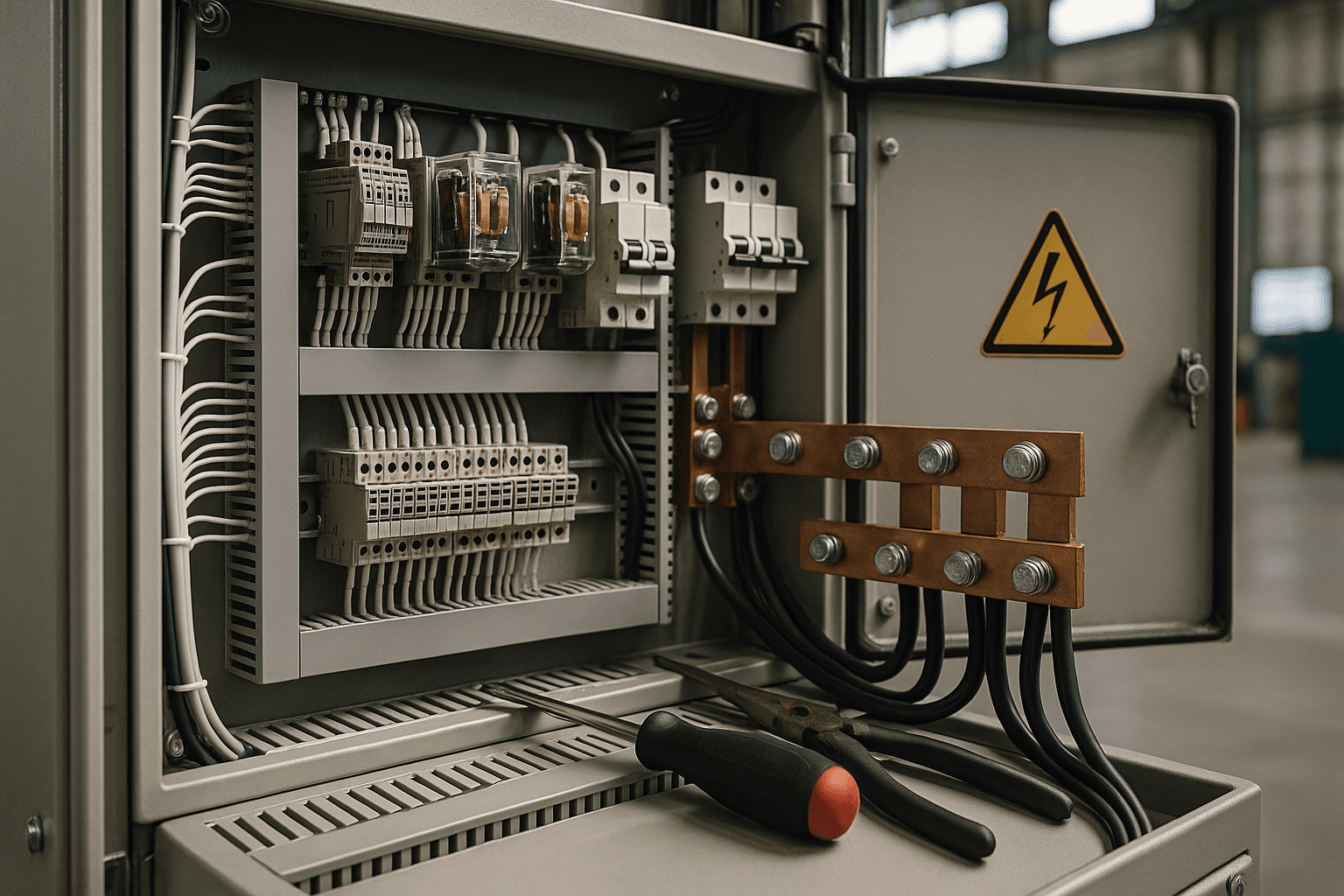 Close-up of labeled MDB busbars and breakers serving airport baggage and lighting systems
