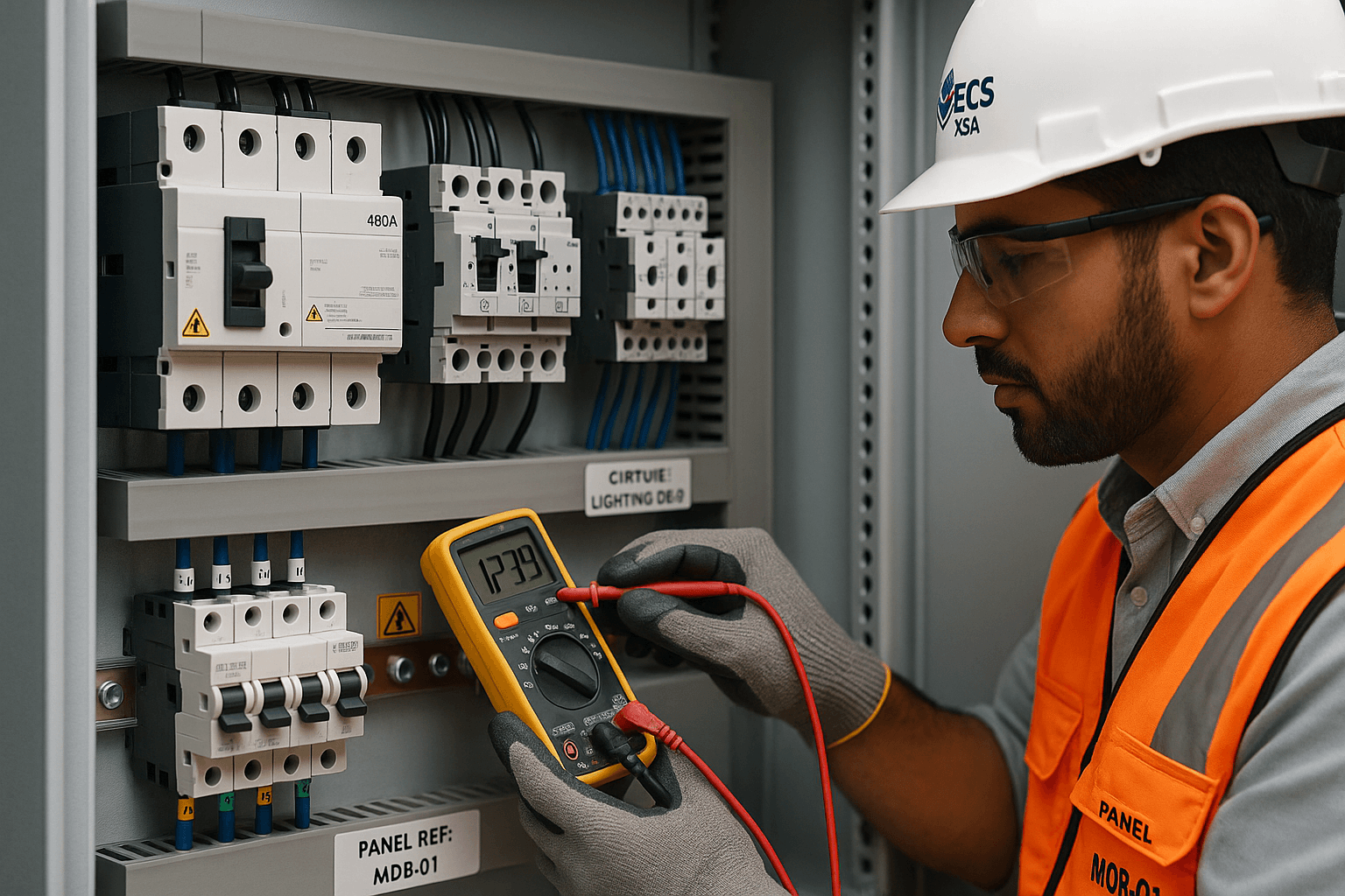 Technicians connect wires inside an industrial control system enclosure.