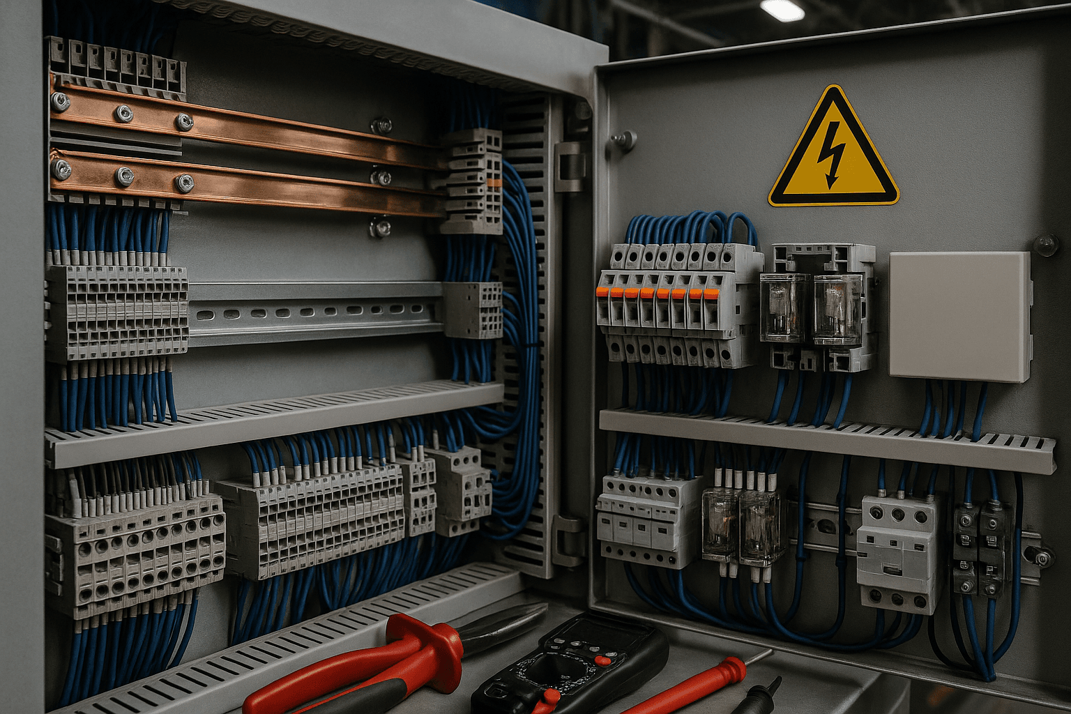 Close-up of a hygienic automation panel with control wiring in a Saudi F&B facility