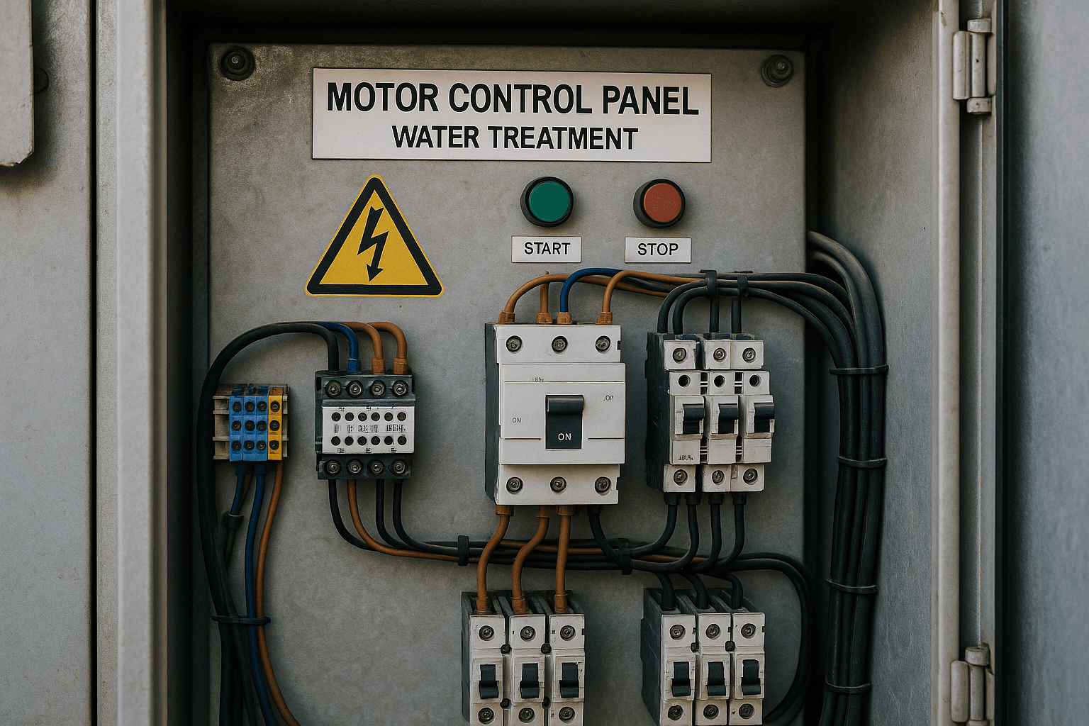Motor control panel water treatment detailed image showing motor starters and protective relays wiring Saudi Arabia KSA